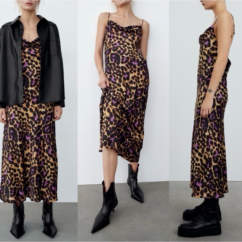 Zara Satin Effect Leopard Purple Slip Spaghetti Strap Midi Dress | Size S
